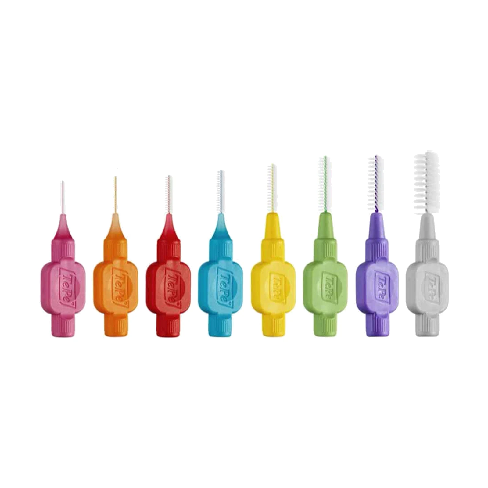 TePe interdental brushes in eight colour-coded sizes, from pink 0.4 mm to grey 1.3 mm